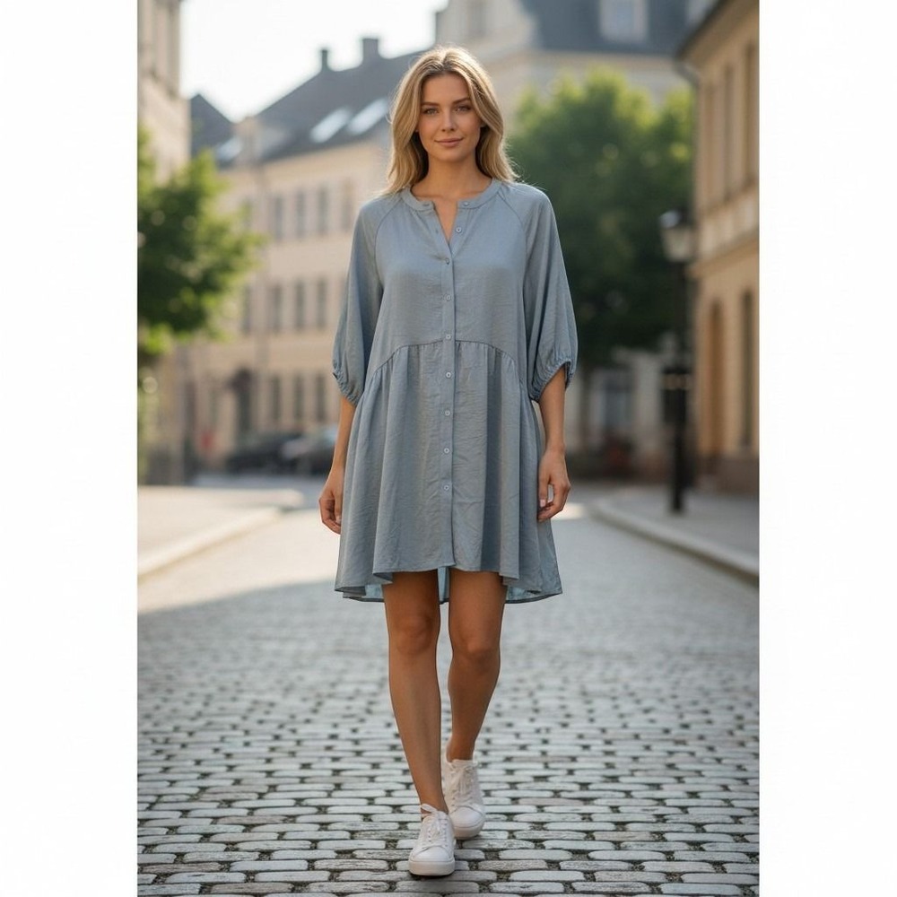 Baltic Born Janice Button Dress Women XL Blue Textured Mini Long Sleeve NWT
